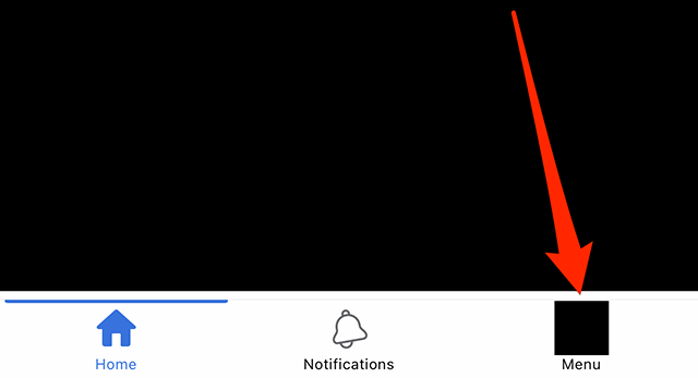 Screenshot of Facebook's bottom navigation bar with a red arrow pointing at "Menu"