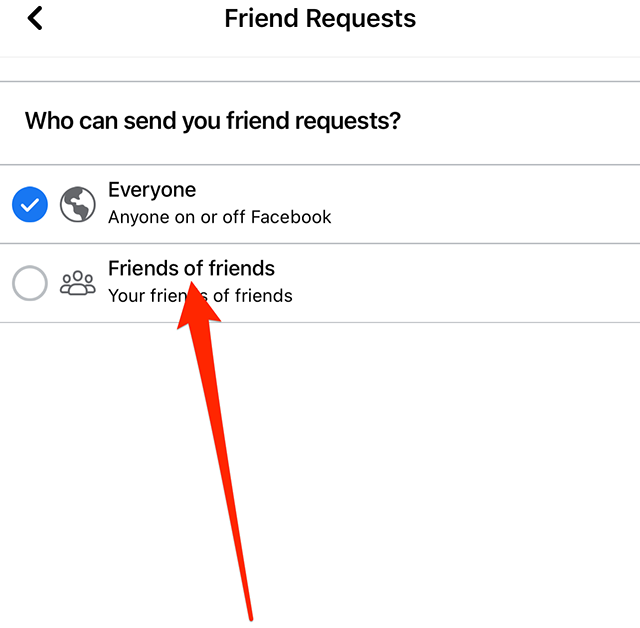 Screenshot of Facebook's "Friend Requests" menu with a red arrow pointing at "Friends of friends"