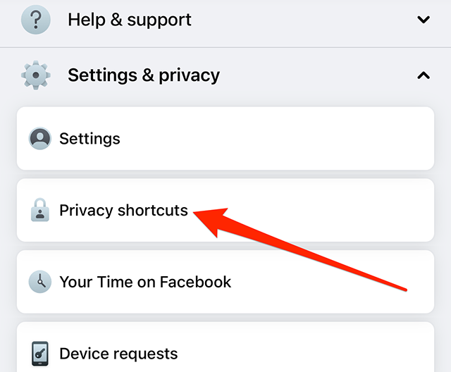 Screenshot of Facebook's "Menu" screen with a red arrow pointing at "Privacy shortcuts"