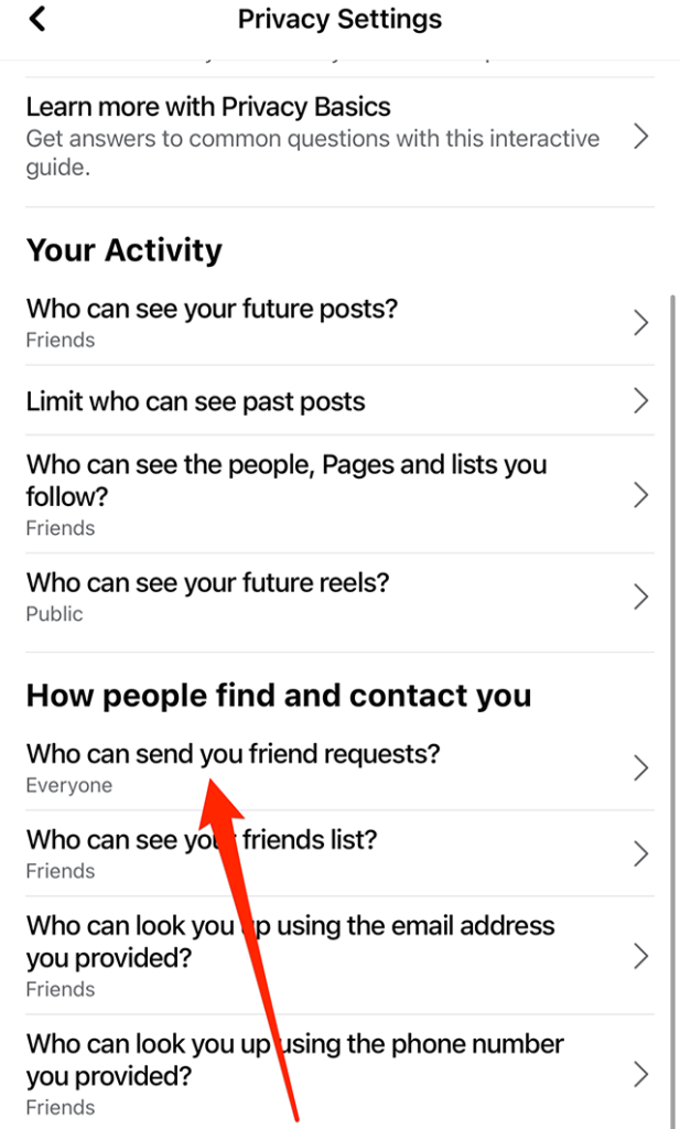 Screenshot of Facebook's "Privacy Settings" menu with a red arrow pointing at "Who can send you friend requests?"