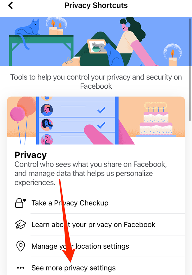 Screenshot of Facebook's "Privacy Shortcuts" menu with a red arrow pointing at "See more privacy settings"