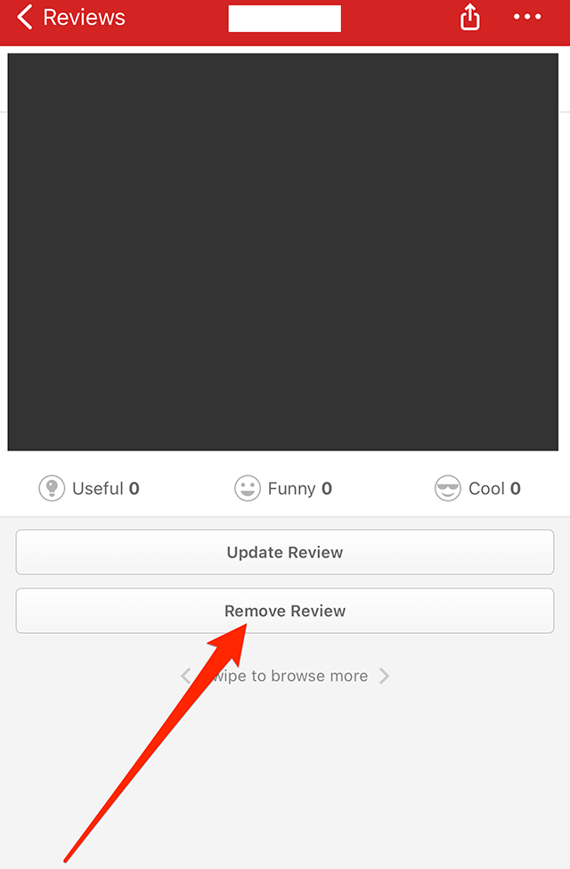 Screenshot of a Yelp review with a red arrow pointing at the words "Remove Review."