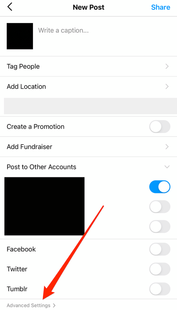 Screenshot of Instagram's "New Post" screen with a red arrow pointing at the "Advanced Settings" option