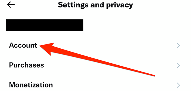 Screenshot of Twitter's "Settings and privacy" menu with a red arrow pointing at "Account"