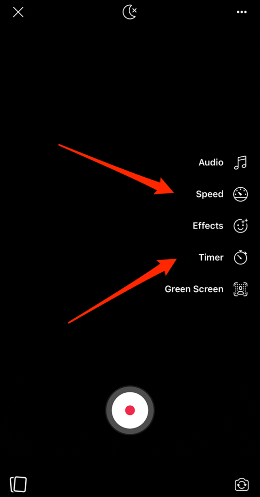 Screenshot of the Facebook Reels camera with two red arrows pointing at the editing tools on the right side of the screen