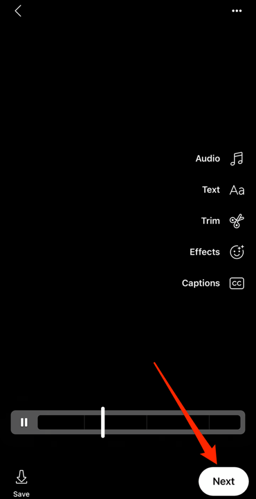 Screenshot of the Facebook Reels editing screen with a red arrow pointing at the "Next" button in the bottom-right corner of the screen