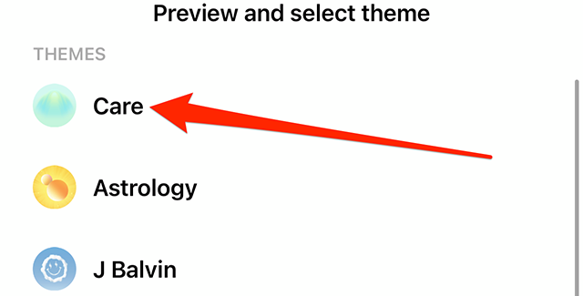 Screenshot of Messenger From Facebook's Theme menu with a red arrow pointing at the "Care" theme