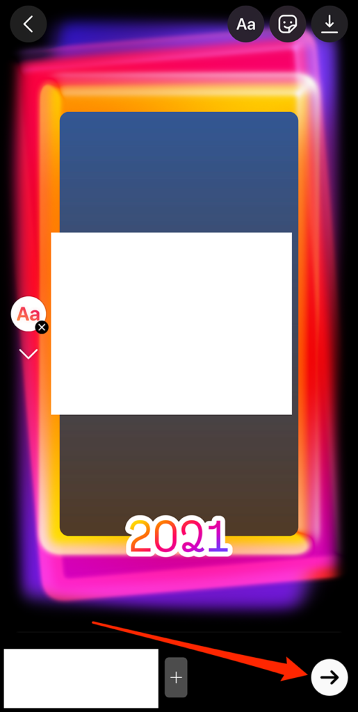 Screenshot of Instagram's "2021 Playback" editing screen with a red arrow pointing at the arrow icon in the bottom-right corner of the screen