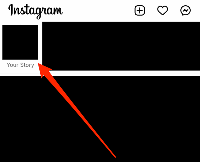 Screenshot of the Instagram home feed with a red arrow pointing at the user's profile picture near the top-left corner of the screen