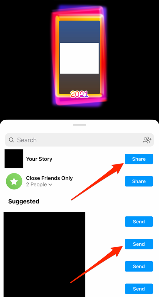 Screenshot of the share screen for an Instagram user's "2021 Playback." A red arrow points at the "Share" button to the right of "Your Story." A second red arrow points at the "Send" button to the right of an Instagram user's name.