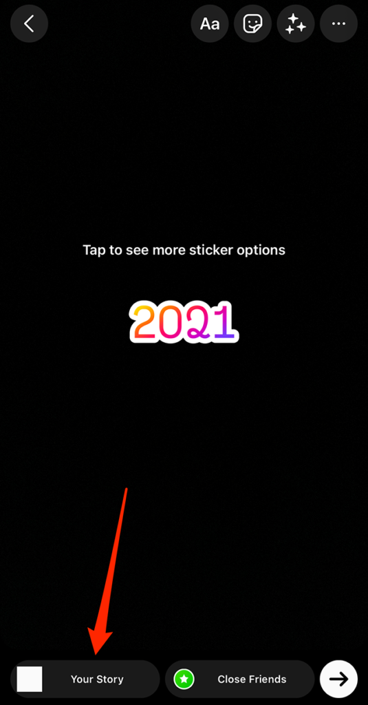 Screenshot of the Instagram Stories editing screen showing the "2021 Playback" sticker on the screen. A red arrow points at the "Your Story" button in the bottom-left corner of the screen.