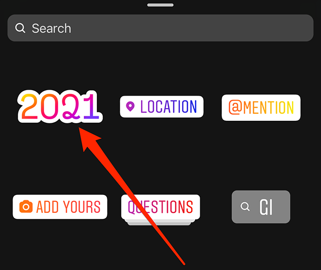 Screenshot of the Instagram Stories "Stickers" menu with a red arrow pointing at the "2021 Playback" sticker