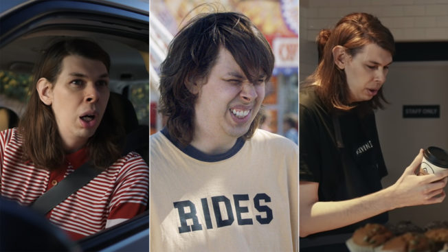 Actor Matt Cardarople is shown in three images, sitting in a car, wearing a T-shirt with his eyes closed and working as a barista