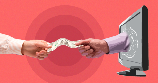 Connected-TV-Brand-safety-2022 Hand reaching out of a TV to grab a dollar bill from another hand