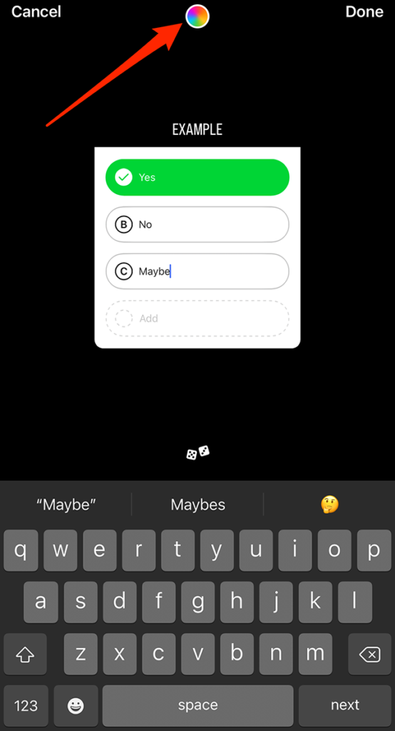 Screenshot of the quiz sticker editing screen in Instagram Reels with a red arrow pointing at the colorful circle at the top of the screen