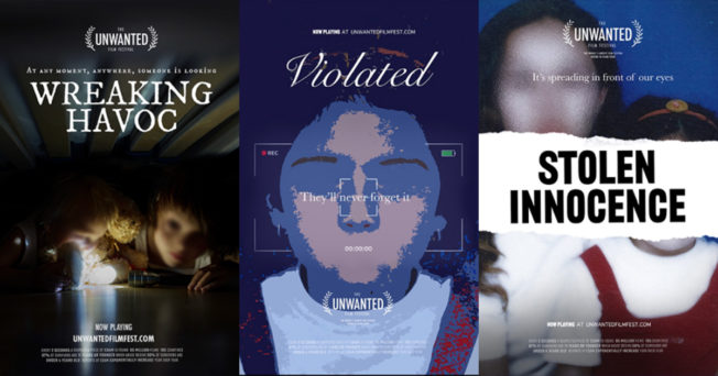 Three posters from The Unwanted Film Festival Campaign with titles Wreaking Havoc, Violated and Stolen Innocence