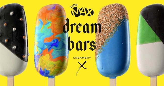 An ad featuring four ice cream bars with text reading Lotto Max Dream Bars