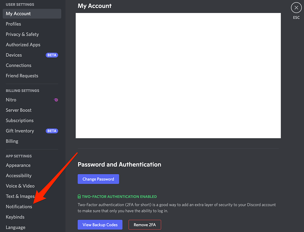 Screenshot of the settings menu in the Discord desktop application with a red arrow pointing at "Notifications"