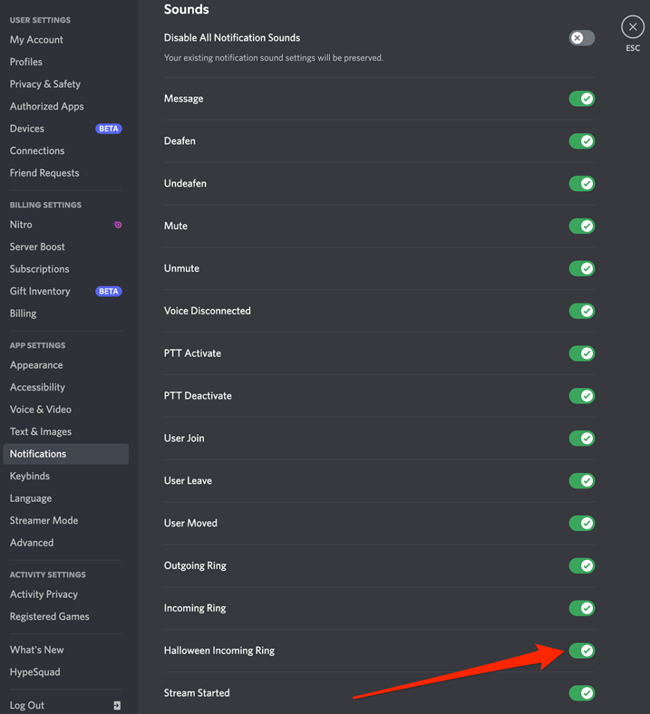 Screenshot of the "Notifications" menu in the Discord desktop application with a red arrow pointing at the green toggle to the right of "Halloween Incoming Ring"