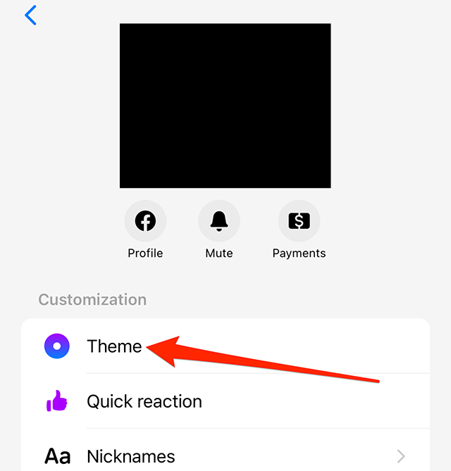 Screenshot of the details screen for a Messenger conversation with a red arrow pointing at "Theme"