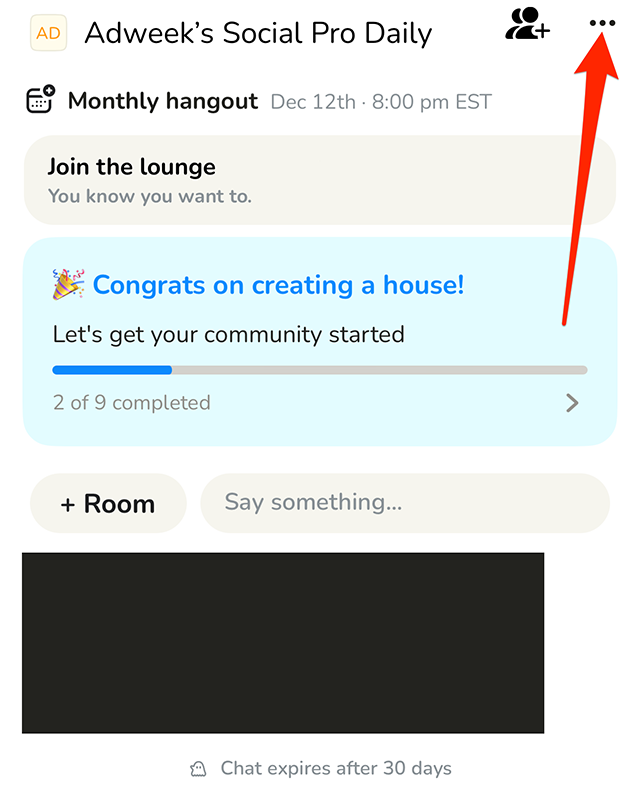 Screenshot of a House's page in the Clubhouse application with a red arrow pointing at the three dots in the top-right corner of the screen