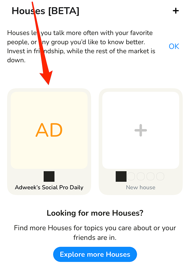 Screenshot of Clubhouse's "Houses" screen with a red arrow pointing at one of the user's Houses