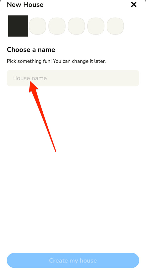 Screenshot of Clubhouse's "New House" screen with a red arrow pointing at the text-entry field that reads "House name"