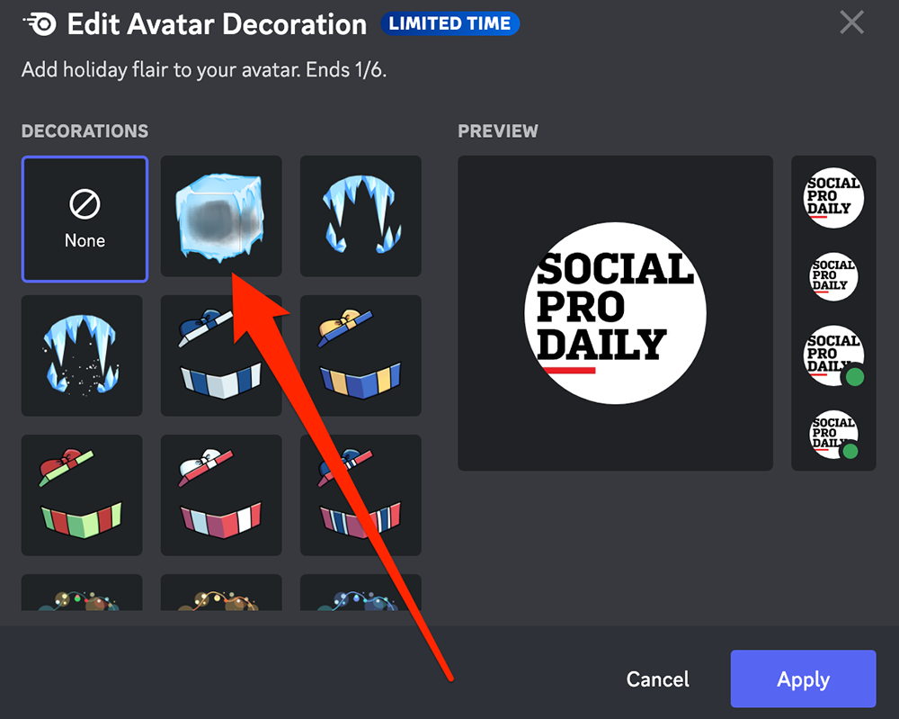 Screenshot of the "Edit Avatar Decoration" window in the Discord desktop application with a red arrow pointing at one of the decorations users can choose from