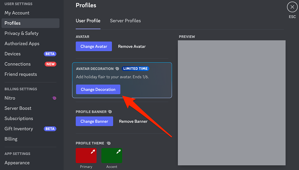 Screenshot of the "Profiles" menu in the Discord desktop application with a red arrow pointing at the "Change Decoration" button