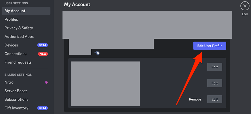 Screenshot of the "My Account" menu in the Discord desktop application with a red arrow pointing at the "Edit User Profile" button