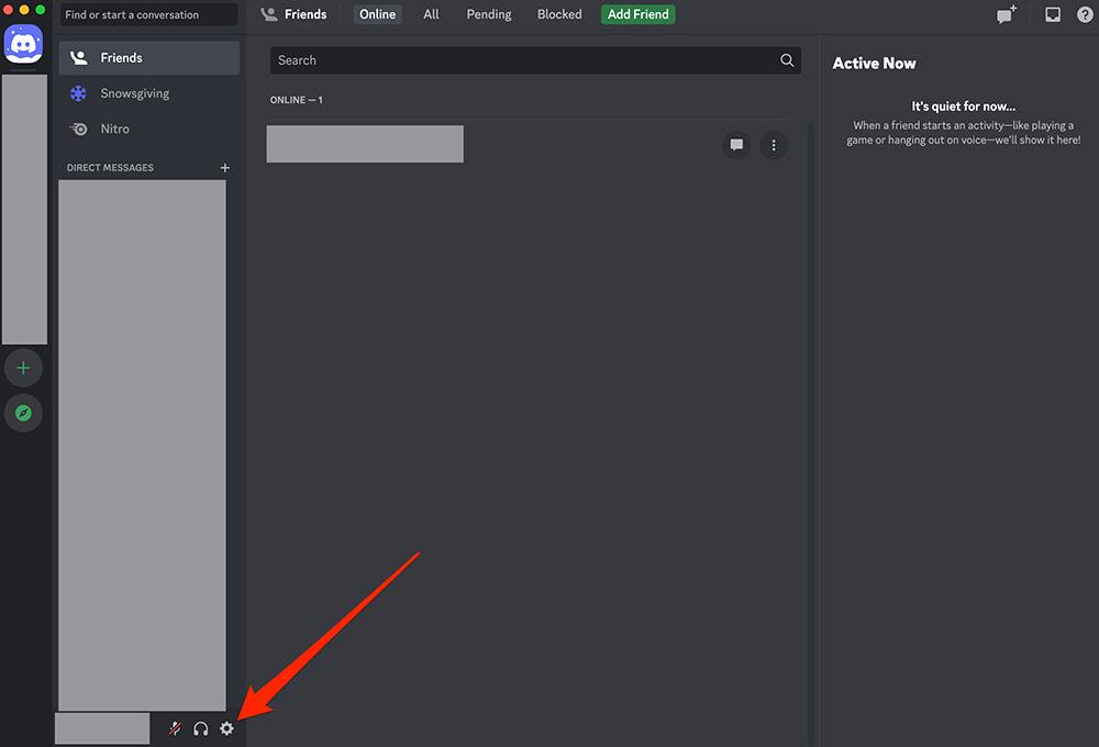 Screenshot of the Discord desktop application with a red arrow pointing at the gear icon near the bottom-left corner of the application