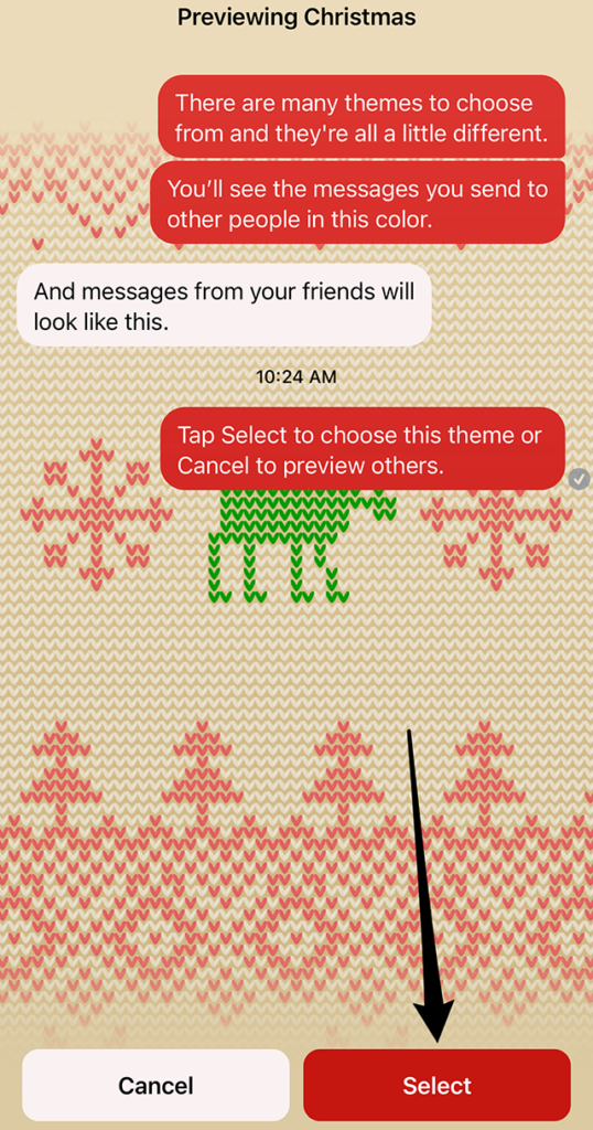 Messenger screenshot showing a preview of the "Christmas" chat theme with a black arrow pointing at the "Select" button in the bottom-right corner of the screen