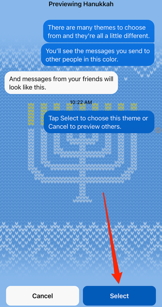 Messenger screenshot showing a preview of the "Hanukkah" chat theme with a red arrow pointing at the "Select" button in the bottom-right corner of the screen