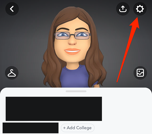 Screenshot of a Snapchat user's profile with a red arrow pointing at the gear icon in the top-right corner of the screen