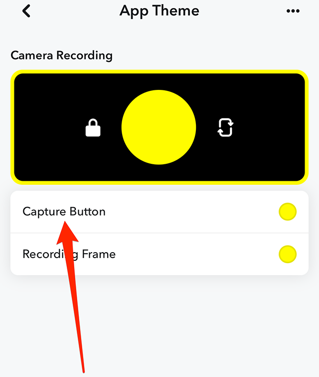 Screenshot of Snapchat's "App Theme" menu with a red arrow pointing at "Capture Button"