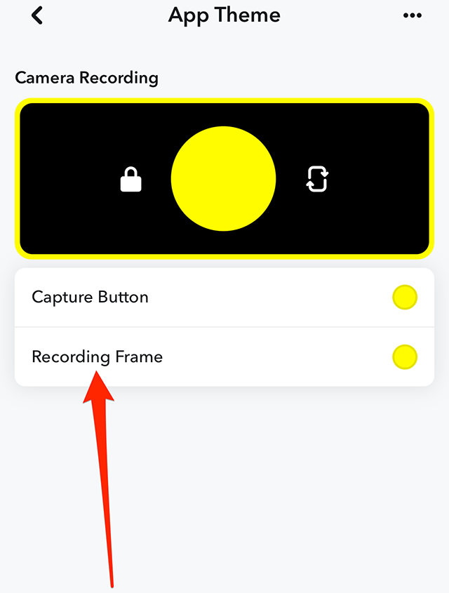 Screenshot of Snapchat's "App Theme" menu with a red arrow pointing at "Recording Frame"