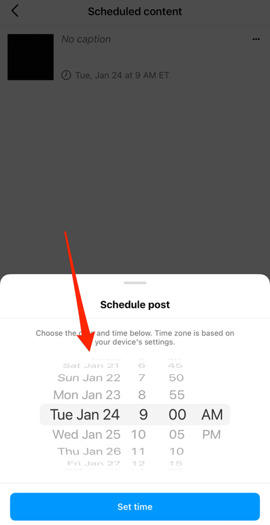 Screenshot of Instagram's "Scheduled content" menu showing the "Schedule post" window that has appeared on the screen. A red arrow points at the date wheel on the "Schedule post" window.