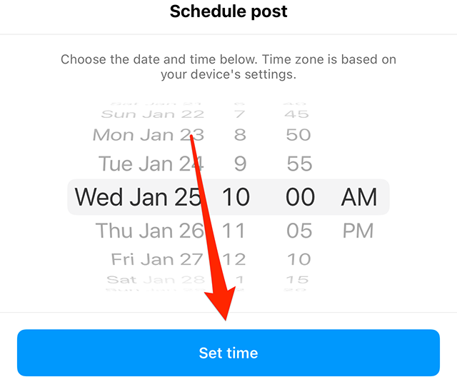 Screenshot of Instagram's "Schedule post" window showing the user has selected a new date and time for the post. A red arrow points at the "Set time" button at the bottom of the screen.