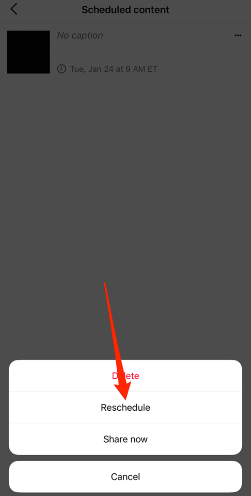 Screenshot of Instagram's "Scheduled content" menu with a red arrow pointing at "Reschedule" on the menu that has appeared at the bottom of the screen