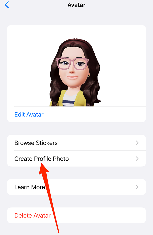 Screenshot of WhatsApp's "Avatar" menu with a red arrow pointing at "Create Profile Photo"