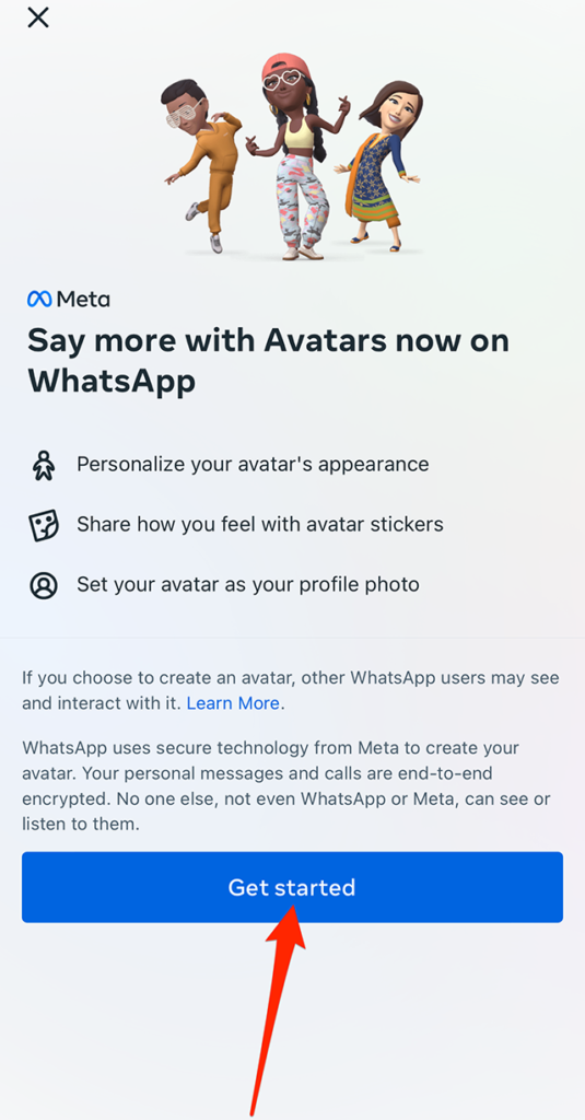 Screenshot of WhatsApp's "Say more with Avatars now on WhatsApp" screen with a red arrow pointing at the "Get started" button