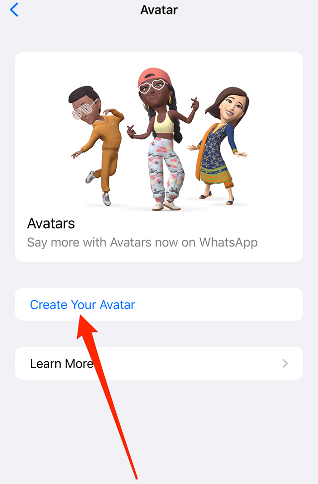 Screenshot of WhatsApp's "Avatar" menu with a red arrow pointing at "Create Your Avatar"