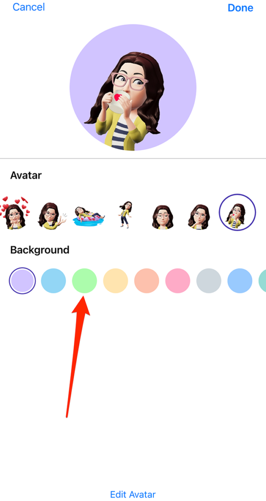 Screenshot of WhatsApp's avatar profile photo creation screen with a red arrow pointing at the pastel green background color option