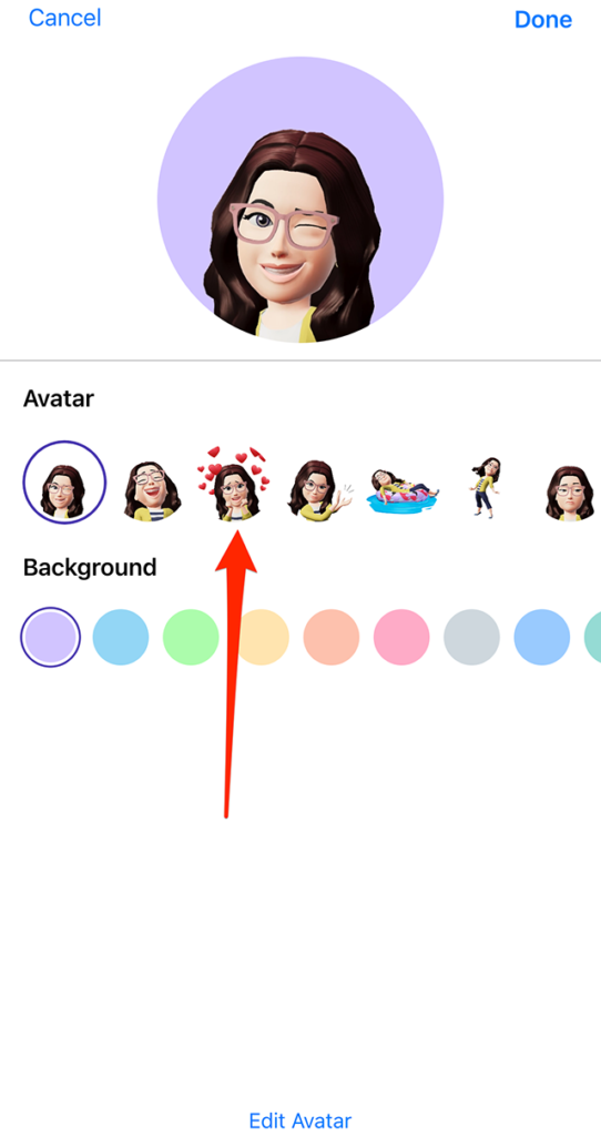 Screenshot of WhatsApp's avatar profile photo creation screen with a red arrow pointing at one of the poses users can choose from