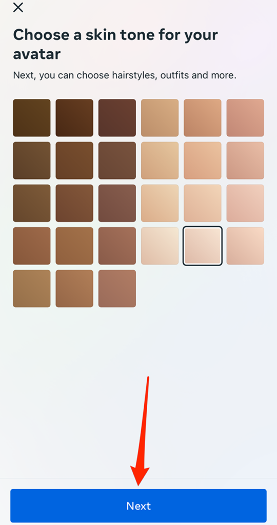 Screenshot of WhatsApp's "Choose a skin tone for your avatar" screen showing the user has selected a skin tone for their avatar. A red arrow points at the "Next" button at the bottom of the screen.