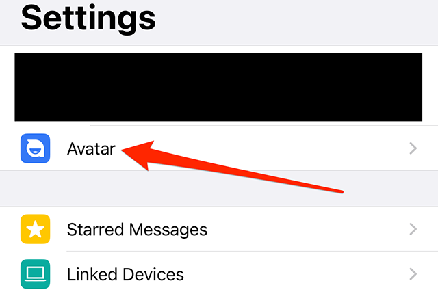 Screenshot of WhatsApp's "Settings" menu with a red arrow pointing at "Avatar"