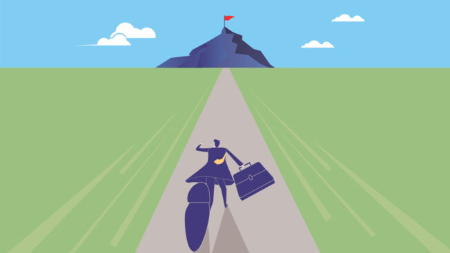 Illustration of a businessman running toward a red flag on the top of the mountain