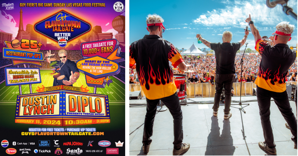 A flyer to Guy Fieri's Super Bowl event and next to a photo of Guy Fieri on stage with a band in shirts with flames not hem